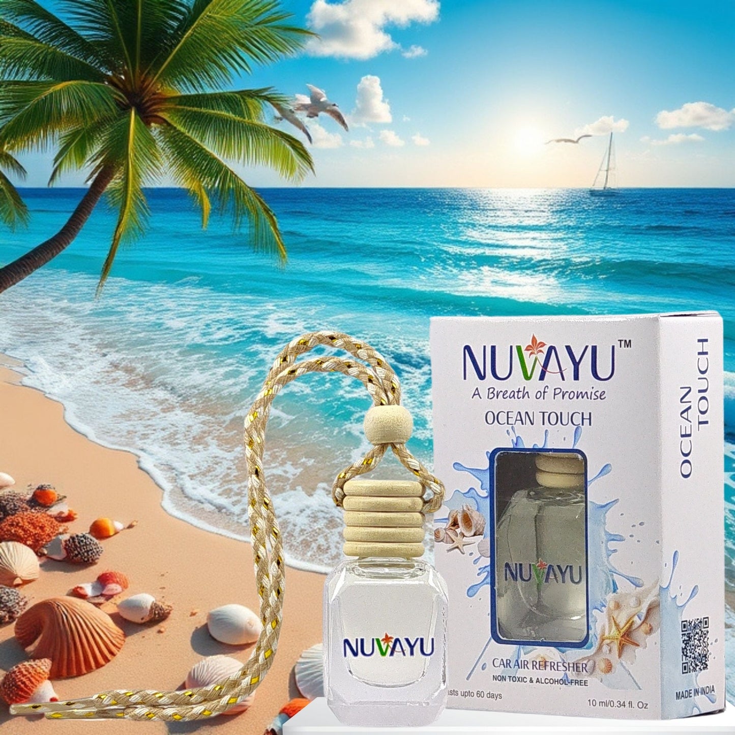 NUVAYU Ocean Touch Car Air Freshener, 10ml | Premium Hanging Diffuser| Long-Lasting, Fresh & Soothing Aqua Scent | All-Weather Freshness | No Headache Formula