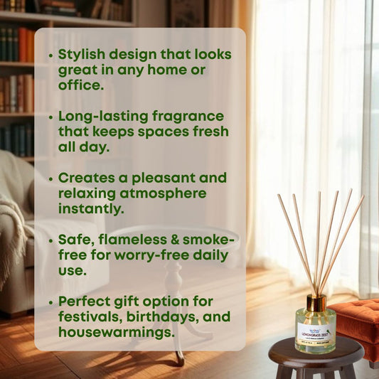 NUVAYU Lemongrass Zest Reed Diffuser 50ml | Oil Diffuser Set with 6 Rattan Reed Sticks | Long-Lasting Room Freshener for Home, Bedroom, Living Room & Office | Gift Set
