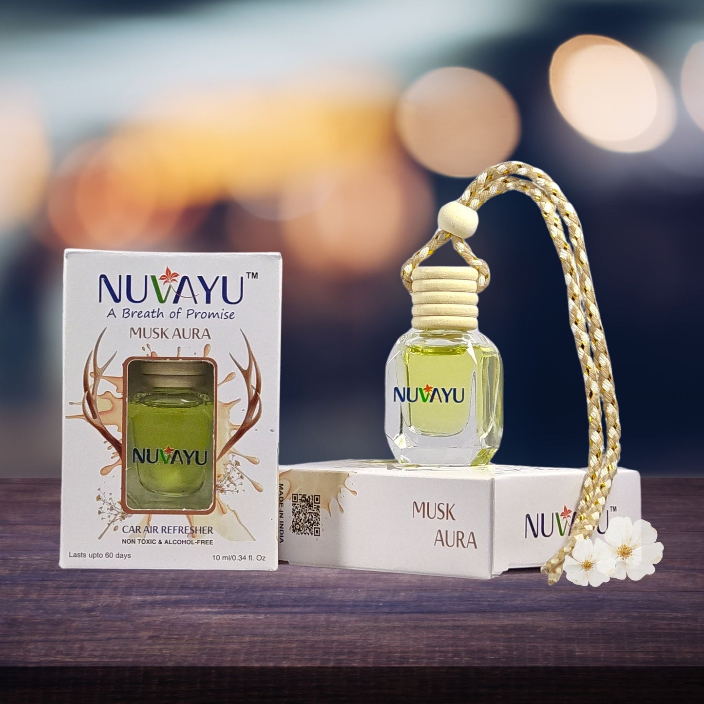 NUVAYU Musk Aura Car Air Freshener, 10ml | Premium Hanging Diffuser| Long-Lasting, Fresh & Soothing Musk Scent | All-Weather Freshness | No Headache Formula