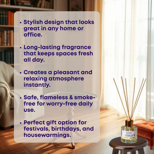 NUVAYU Lavender Lush Reed Diffuser 50ml | Oil Diffuser Set with 6 Rattan Reed Sticks | Long-Lasting Room Freshener for Home, Bedroom, Living Room & Office | Gift Set