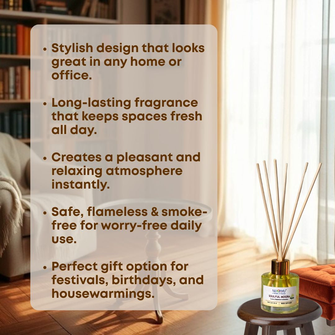 NUVAYU Soulful Mogra Reed Diffuser 50ml | Oil Diffuser Set with 6 Rattan Reed Sticks | Long-Lasting Room Freshener for Home, Bedroom, Living Room & Office | Gift Set