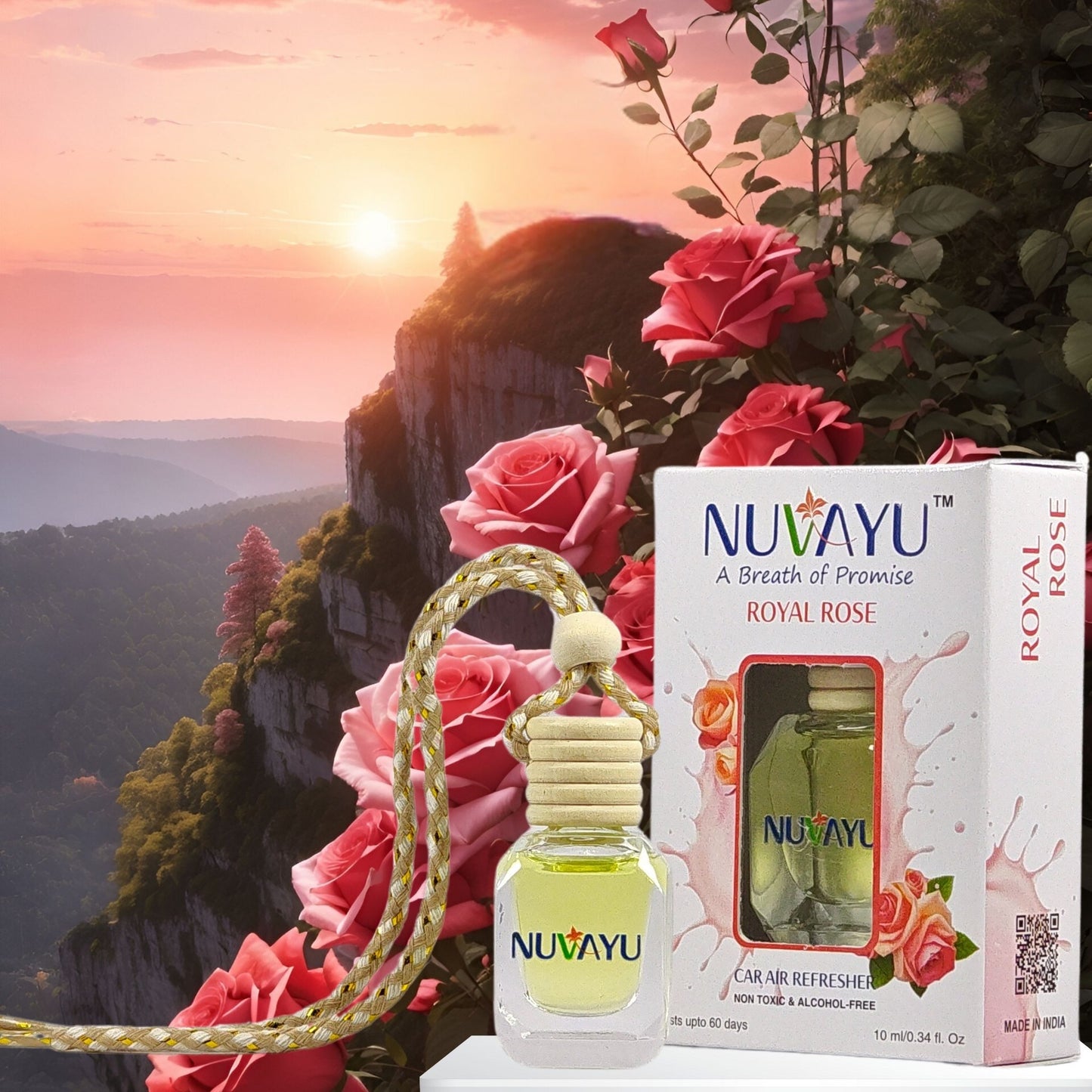 NUVAYU Royal Rose Car Air Freshener, 10ml | Premium Hanging Diffuser| Long-Lasting, Fresh & Soothing Rose Scent | All-Weather Freshness | No Headache Formula
