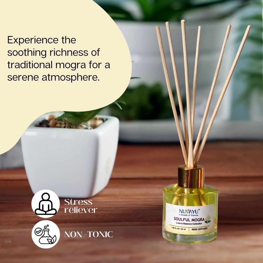 NUVAYU Soulful Mogra Reed Diffuser 50ml | Oil Diffuser Set with 6 Rattan Reed Sticks | Long-Lasting Room Freshener for Home, Bedroom, Living Room & Office | Gift Set