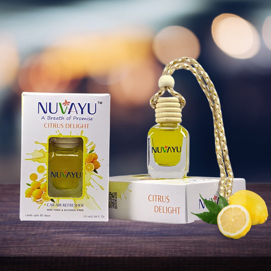NUVAYU Citrus Delight Car Air Freshener, 10ml | Premium Hanging Diffuser| Long-Lasting, Fresh & Soothing Citrus Scent | All-Weather Freshness | No Headache Formula