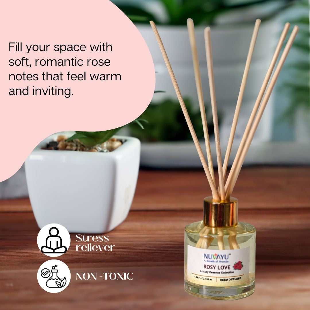 NUVAYU Rosy Love Reed Diffuser 50ml | Oil Diffuser Set with 6 Rattan Reed Sticks | Long-Lasting Room Freshener for Home, Bedroom, Living Room & Office | Gift Set