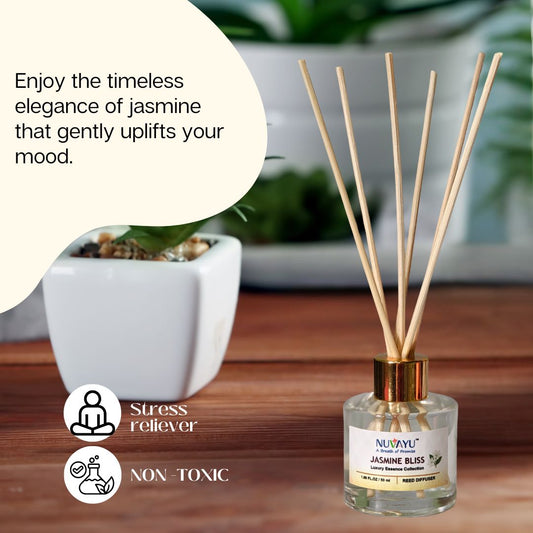 NUVAYU Jasmine Bliss Reed Diffuser 50ml | Oil Diffuser Set with 6 Rattan Reed Sticks | Long-Lasting Room Freshener for Home, Bedroom, Living Room & Office | Gift Set