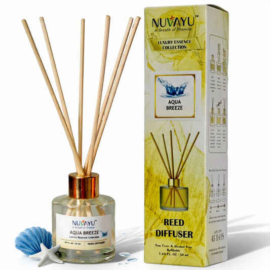NUVAYU Aqua Breeze Reed Diffuser 50ml | Oil Diffuser Set with 6 Rattan Reed Sticks | Long-Lasting Room Freshener for Home, Bedroom, Living Room & Office | Gift Set