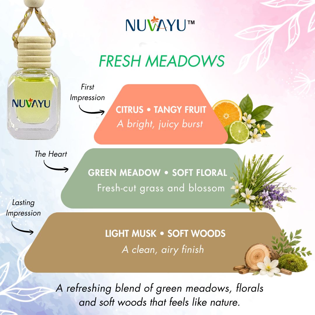 NUVAYU Fresh Meadows Car Air Freshener, 10ml | Gentle Car Air Freshener Hanging Diffuser | Green Citrus Fragrance for Premium Interiors | Alcohol-Free, Non-Toxic, Long Lasting Up to 60 Days