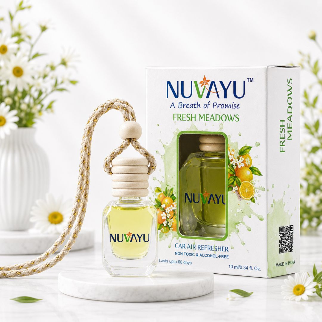 NUVAYU Fresh Meadows Car Air Freshener, 10ml | Gentle Car Air Freshener Hanging Diffuser | Green Citrus Fragrance for Premium Interiors | Alcohol-Free, Non-Toxic, Long Lasting Up to 60 Days