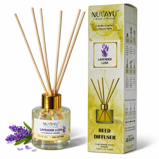 NUVAYU Lavender Lush Reed Diffuser 50ml | Oil Diffuser Set with 6 Rattan Reed Sticks | Long-Lasting Room Freshener for Home, Bedroom, Living Room & Office | Gift Set