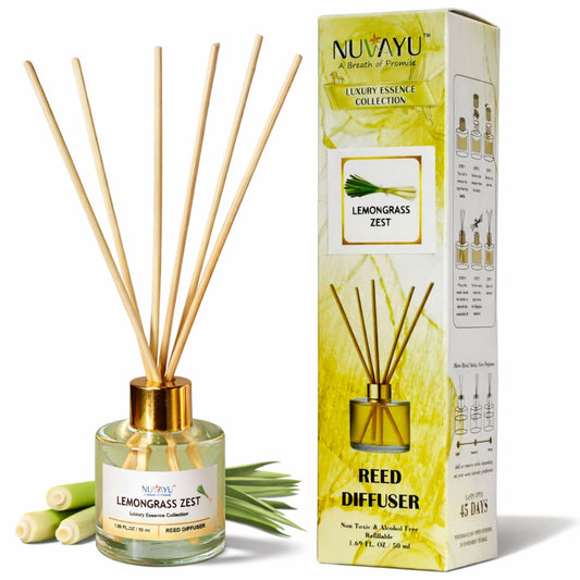 NUVAYU Lemongrass Zest Reed Diffuser 50ml | Oil Diffuser Set with 6 Rattan Reed Sticks | Long-Lasting Room Freshener for Home, Bedroom, Living Room & Office | Gift Set
