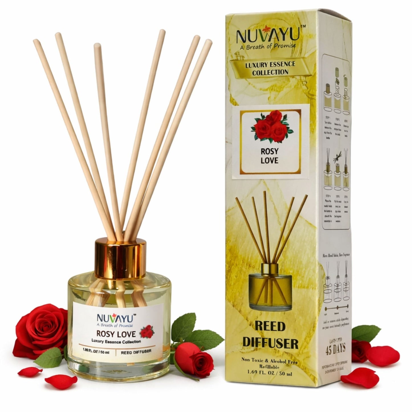 NUVAYU Rosy Love Reed Diffuser 50ml | Oil Diffuser Set with 6 Rattan Reed Sticks | Long-Lasting Room Freshener for Home, Bedroom, Living Room & Office | Gift Set
