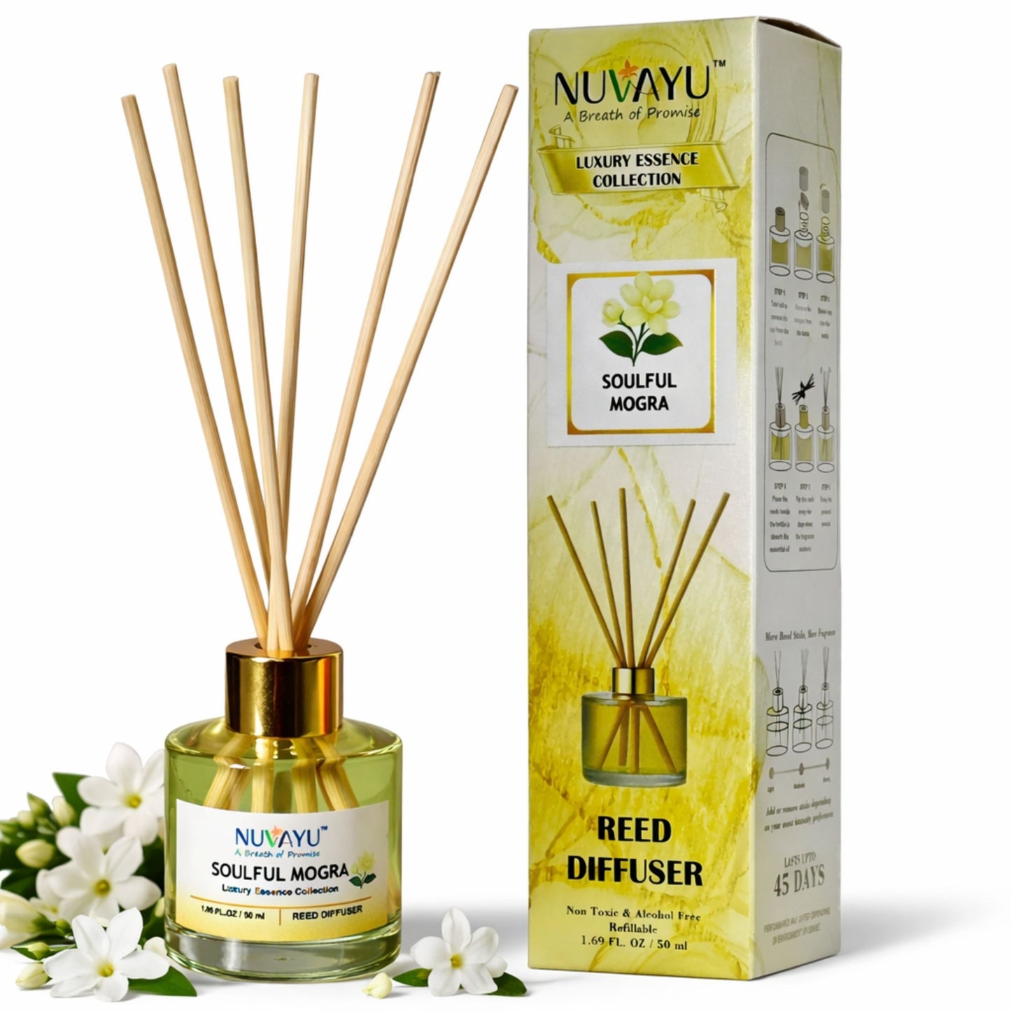 NUVAYU Soulful Mogra Reed Diffuser 50ml | Oil Diffuser Set with 6 Rattan Reed Sticks | Long-Lasting Room Freshener for Home, Bedroom, Living Room & Office | Gift Set