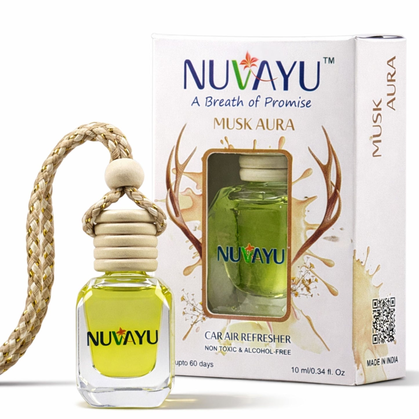 NUVAYU Musk Aura Car Air Freshener, 10ml | Premium Hanging Diffuser| Long-Lasting, Fresh & Soothing Musk Scent | All-Weather Freshness | No Headache Formula