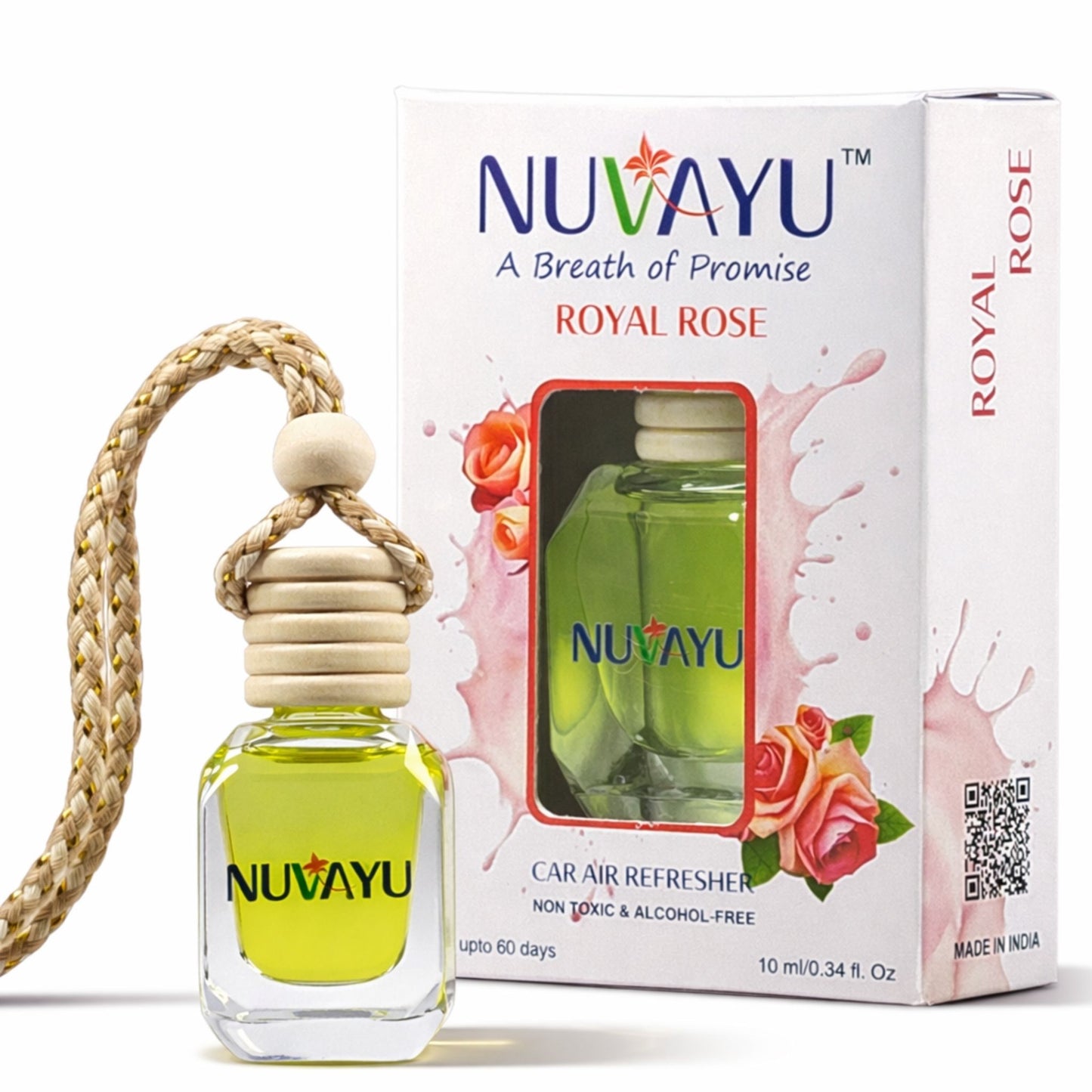 NUVAYU Royal Rose Car Air Freshener, 10ml | Premium Hanging Diffuser| Long-Lasting, Fresh & Soothing Rose Scent | All-Weather Freshness | No Headache Formula