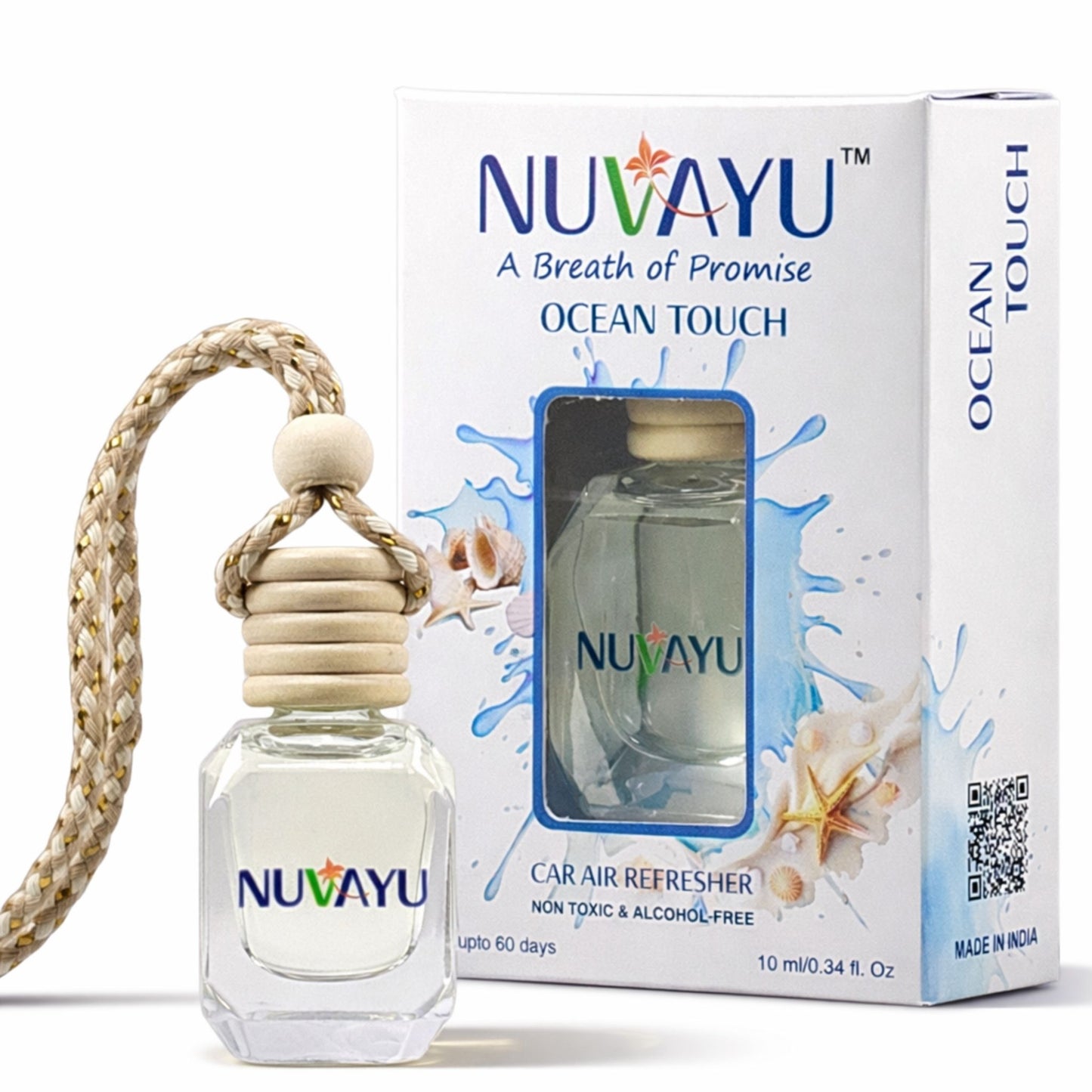 NUVAYU Ocean Touch Car Air Freshener, 10ml | Premium Hanging Diffuser| Long-Lasting, Fresh & Soothing Aqua Scent | All-Weather Freshness | No Headache Formula